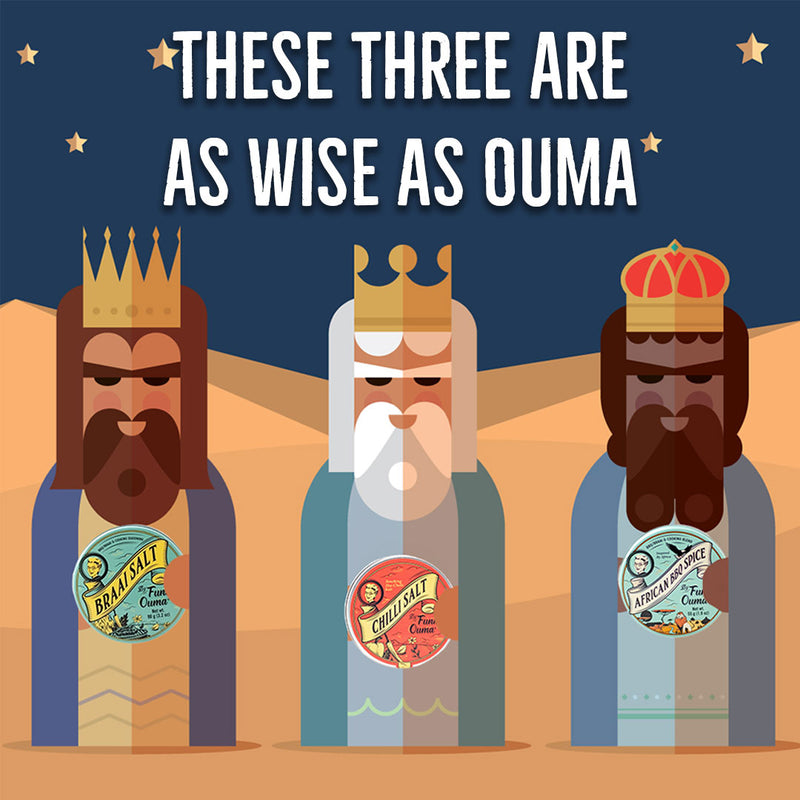 Three kings with crowns and labels on a desert background with text 'These three are as wise as Ouma'.