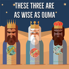Three kings with crowns and labels on a desert background with text 'These three are as wise as Ouma'.